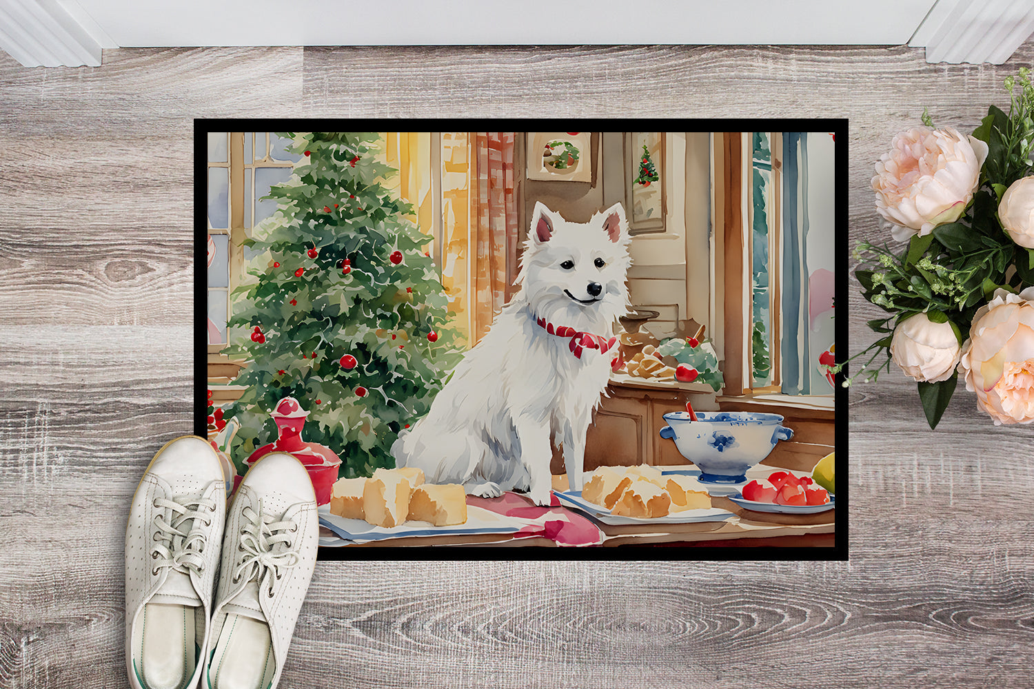 Japanese Spitz Christmas Cookies Doormat Indoor Outdoor 18H X 27W Front Door Mat Rugs for Entryway, Non Slip Washable
