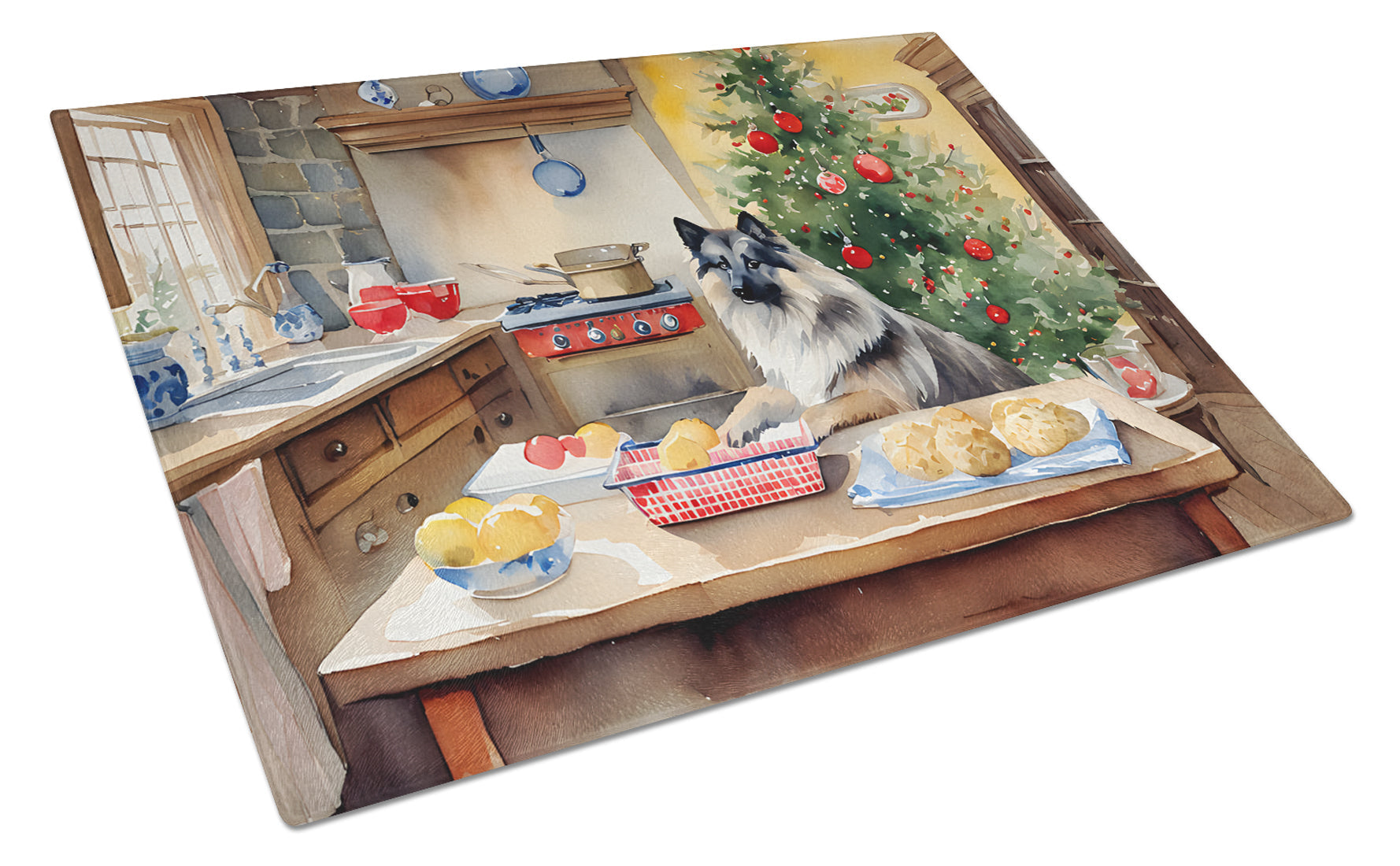 Keeshond Christmas Cookies Cutting Board Tempered Glass Kitchen Cutting Surface, Heat Resistant Chopping, Non-Slip Feet, Food Prep & Serving