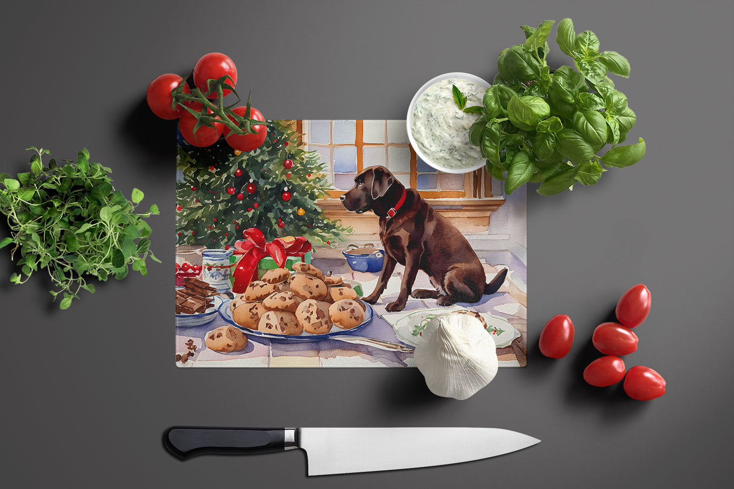 Labrador Retriever Christmas Cookies Cutting Board Tempered Glass Kitchen Cutting Surface, Heat Resistant Chopping, Non-Slip Feet, Food Prep & Serving