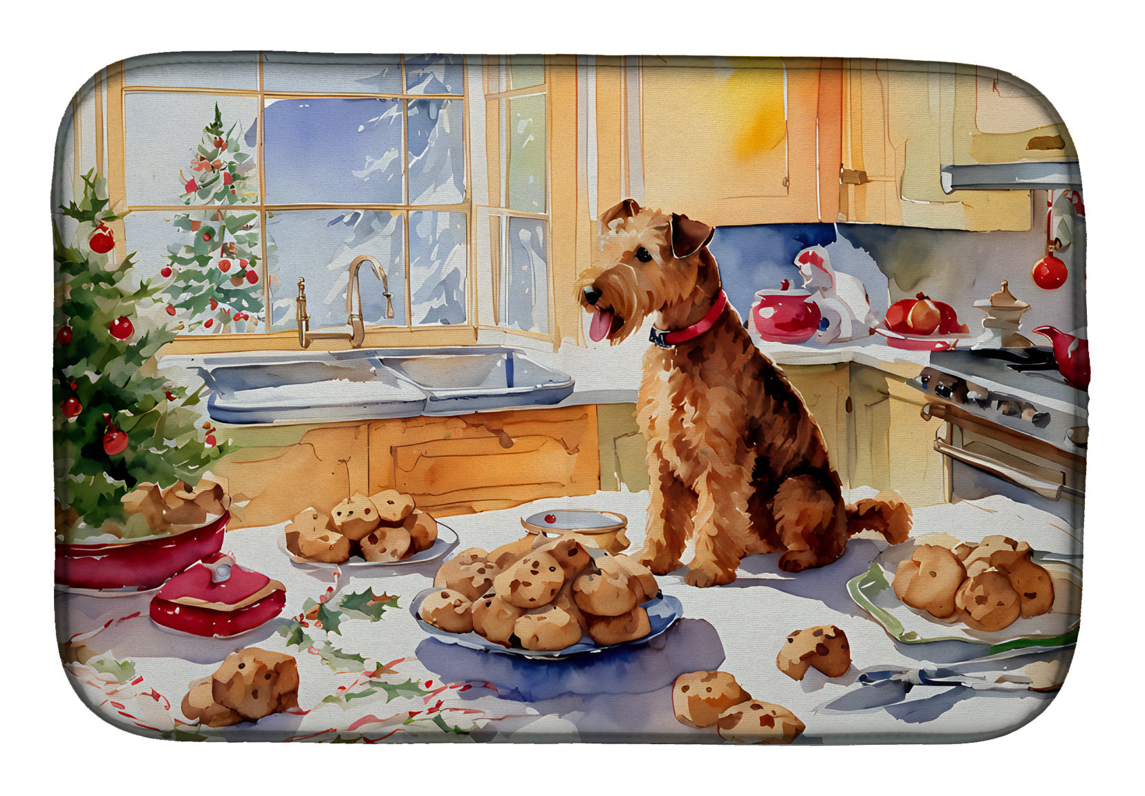 Lakeland Terrier Christmas Cookies Dish Drying Mat Absorbent Dish Drying Mat Pad for Kitchen Counter Dish Drainer Mat for Countertop, 14 x 21", Multicolor