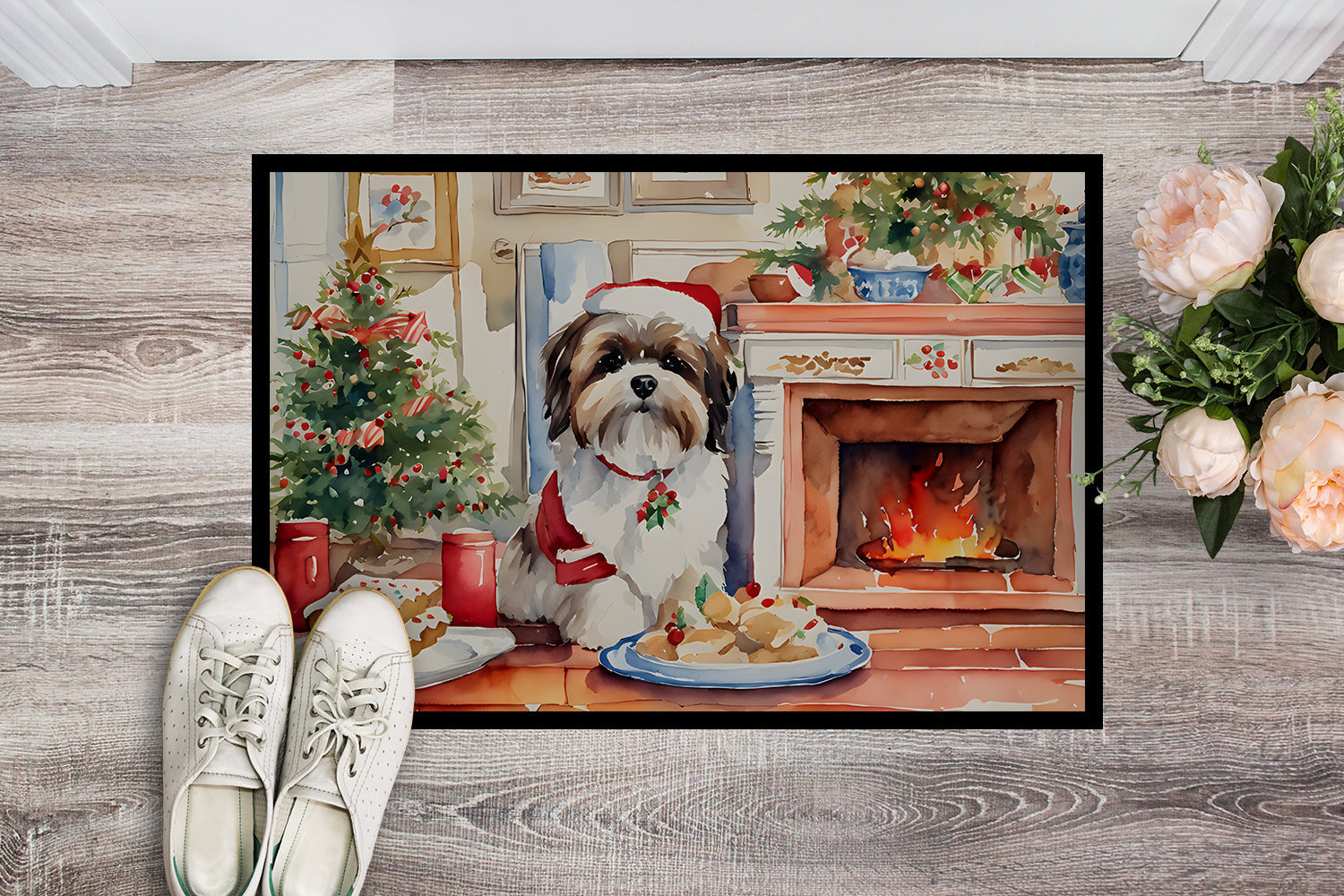 Lhasa Apso Christmas Cookies Doormat Indoor Outdoor 18H X 27W Front Door Mat Rugs for Entryway, Non Slip Washable
