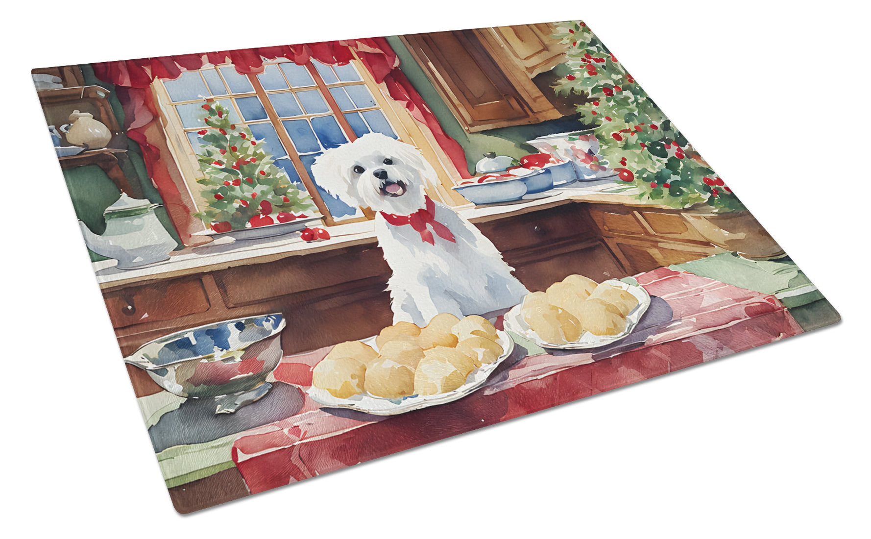 Maltese Christmas Cookies Cutting Board Tempered Glass Kitchen Cutting Surface, Heat Resistant Chopping, Non-Slip Feet, Food Prep & Serving