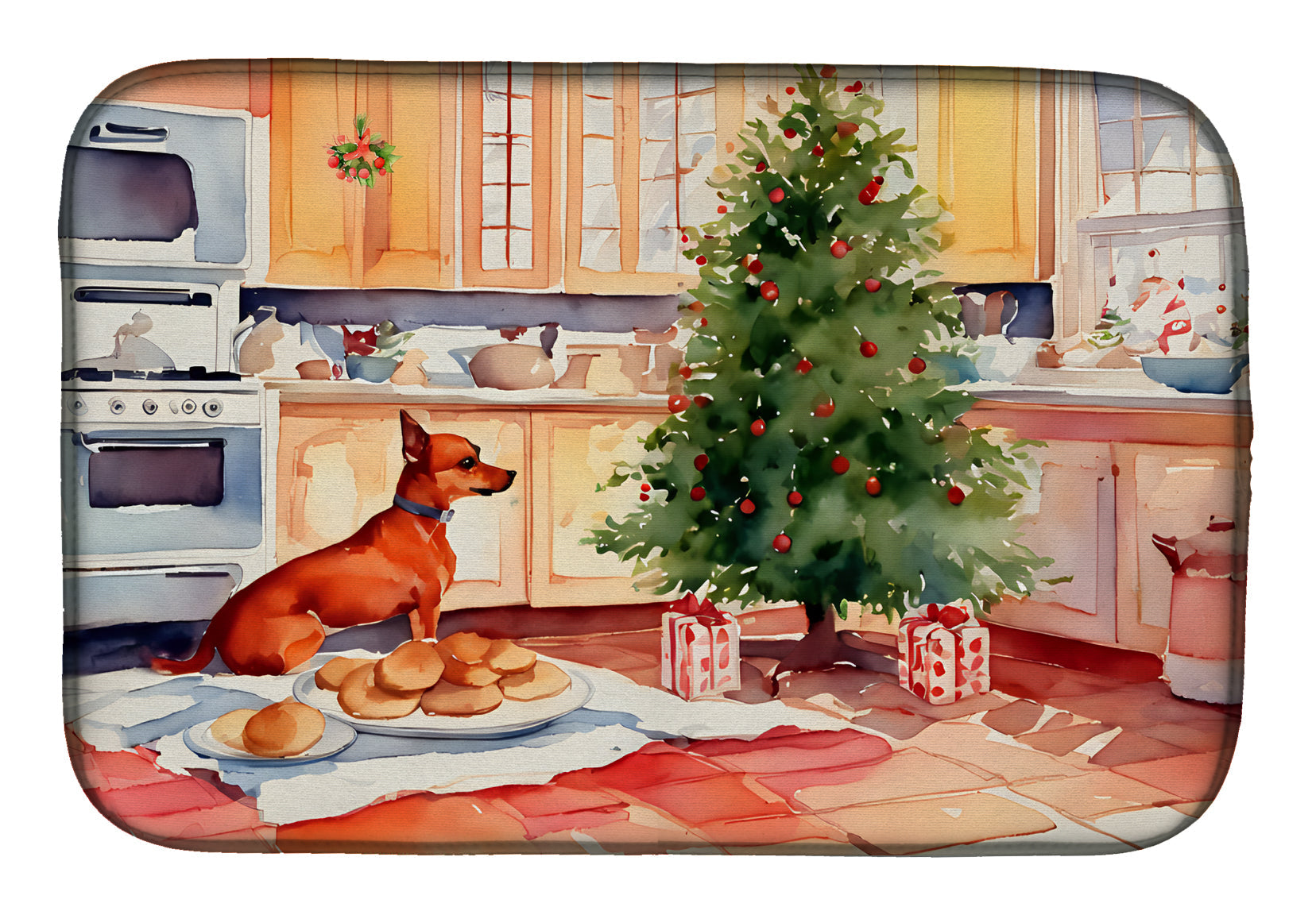 Miniature Pinscher Christmas Cookies Dish Drying Mat Absorbent Dish Drying Mat Pad for Kitchen Counter Dish Drainer Mat for Countertop, 14 x 21", Multicolor
