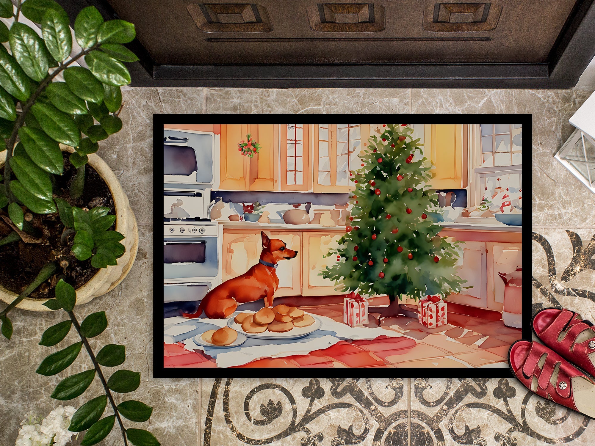 Miniature Pinscher Christmas Cookies Doormat Indoor Outdoor 18H X 27W Front Door Mat Rugs for Entryway, Non Slip Washable