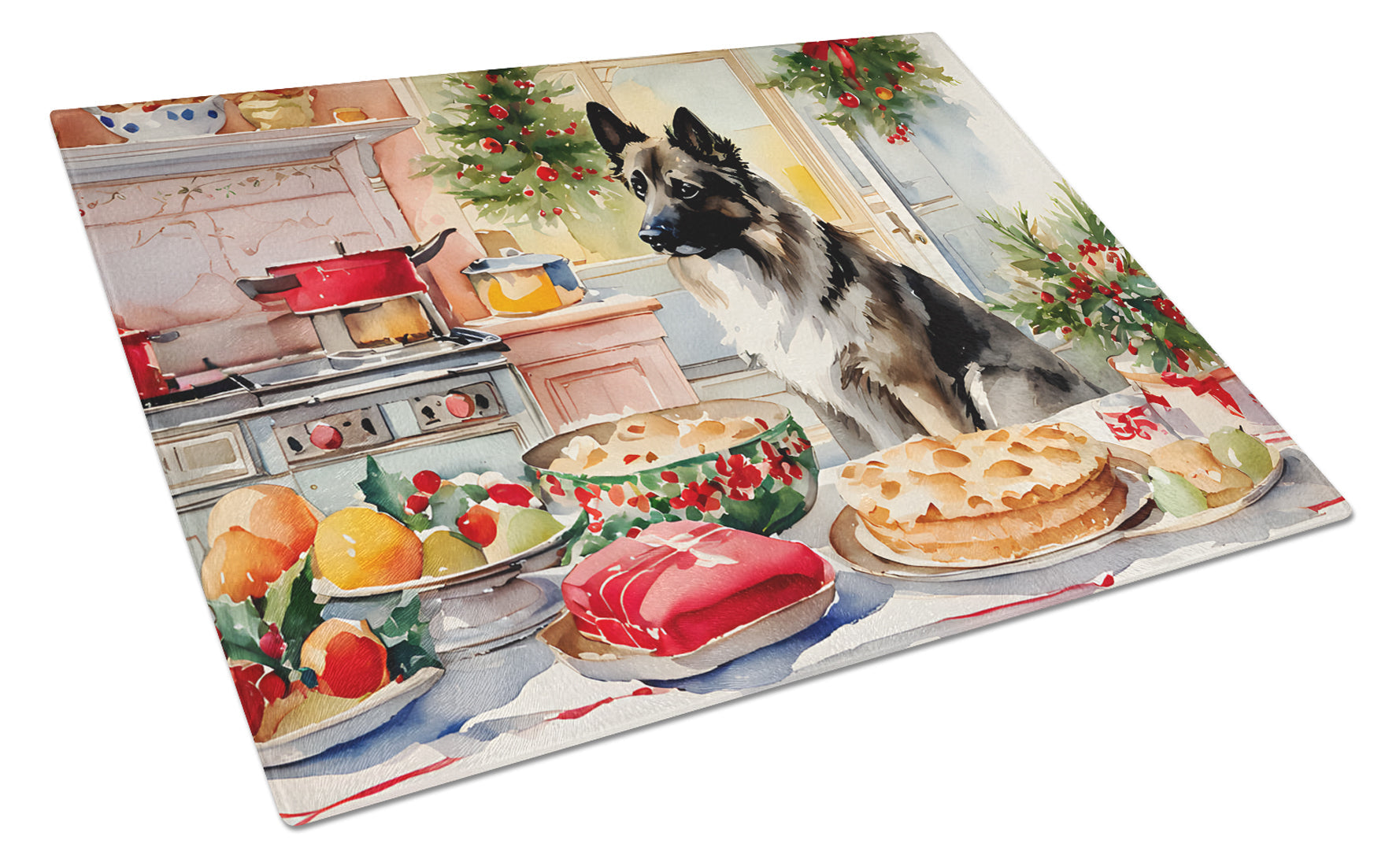 Norwegian Elkhound Christmas Cookies Cutting Board Tempered Glass Kitchen Cutting Surface, Heat Resistant Chopping, Non-Slip Feet, Food Prep & Serving
