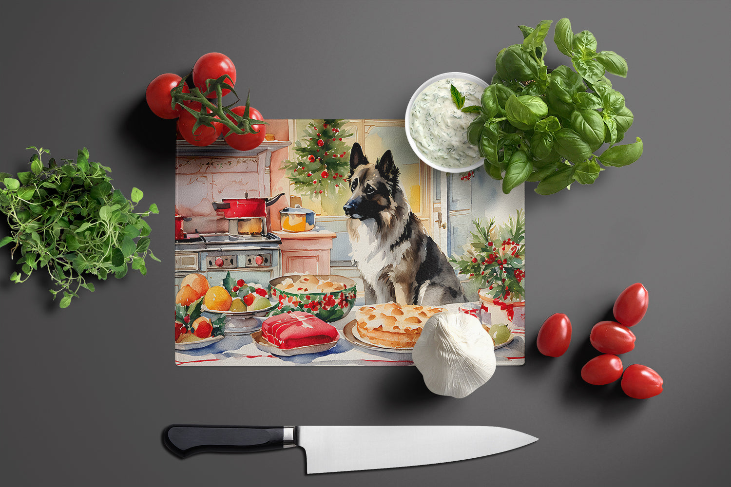Norwegian Elkhound Christmas Cookies Cutting Board Tempered Glass Kitchen Cutting Surface, Heat Resistant Chopping, Non-Slip Feet, Food Prep & Serving