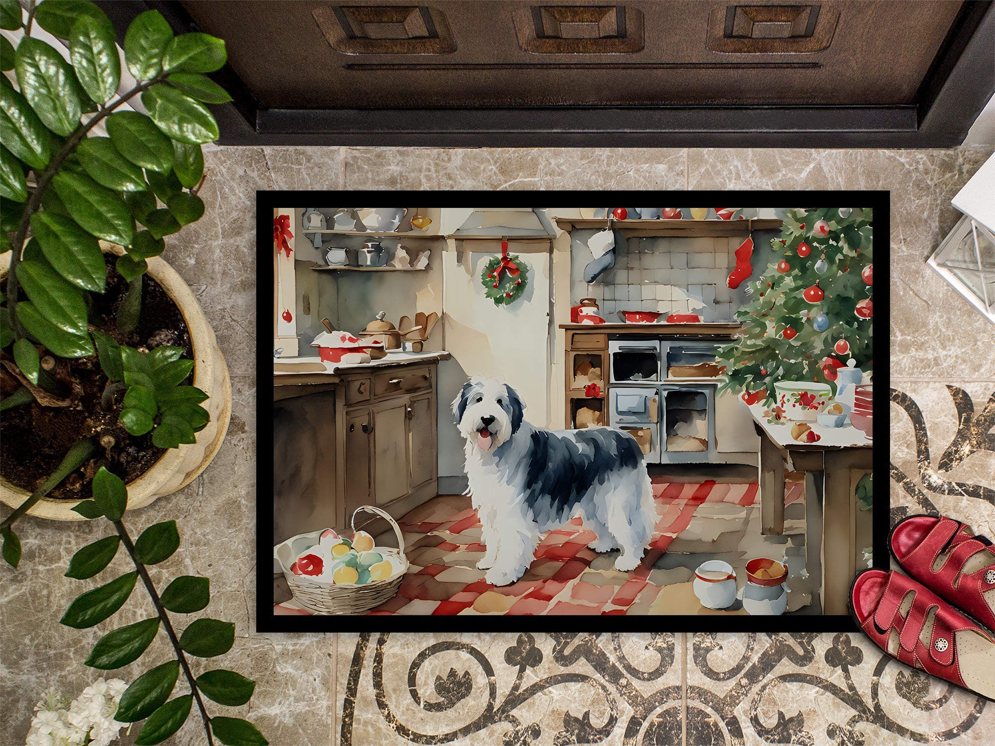 Old English Sheepdog Christmas Cookies Doormat Indoor Outdoor 18H X 27W Front Door Mat Rugs for Entryway, Non Slip Washable