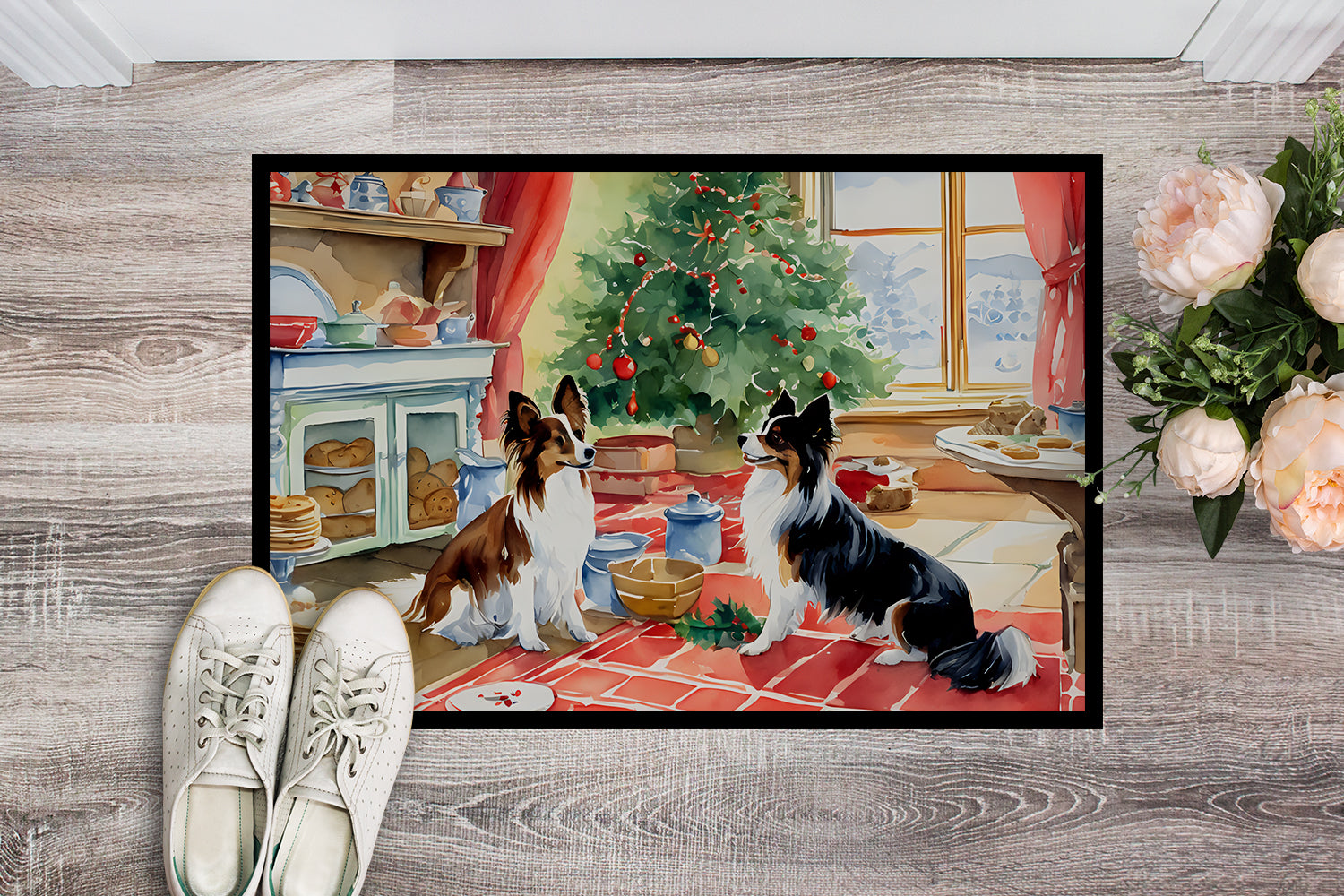 Papillon Christmas Cookies Doormat Indoor Outdoor 18H X 27W Front Door Mat Rugs for Entryway, Non Slip Washable