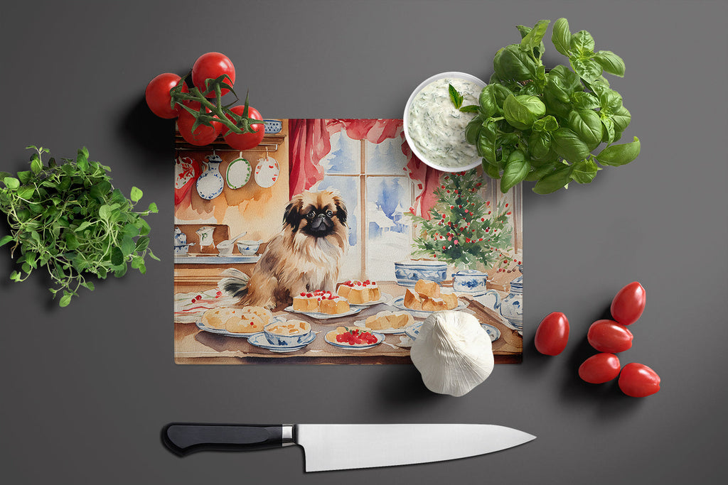 Pekingese Christmas Cookies Cutting Board Tempered Glass Kitchen Cutting Surface, Heat Resistant Chopping, Non-Slip Feet, Food Prep & Serving