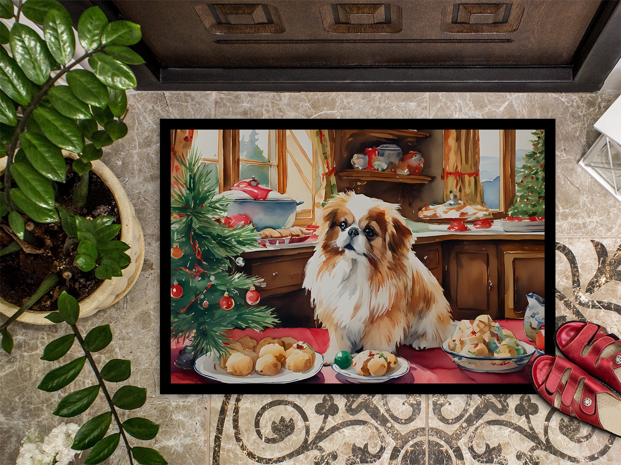 Pekingese Christmas Cookies Doormat Indoor Outdoor 24H X 36W Front Door Mat Rugs for Entryway, Non Slip Washable Low Pile,