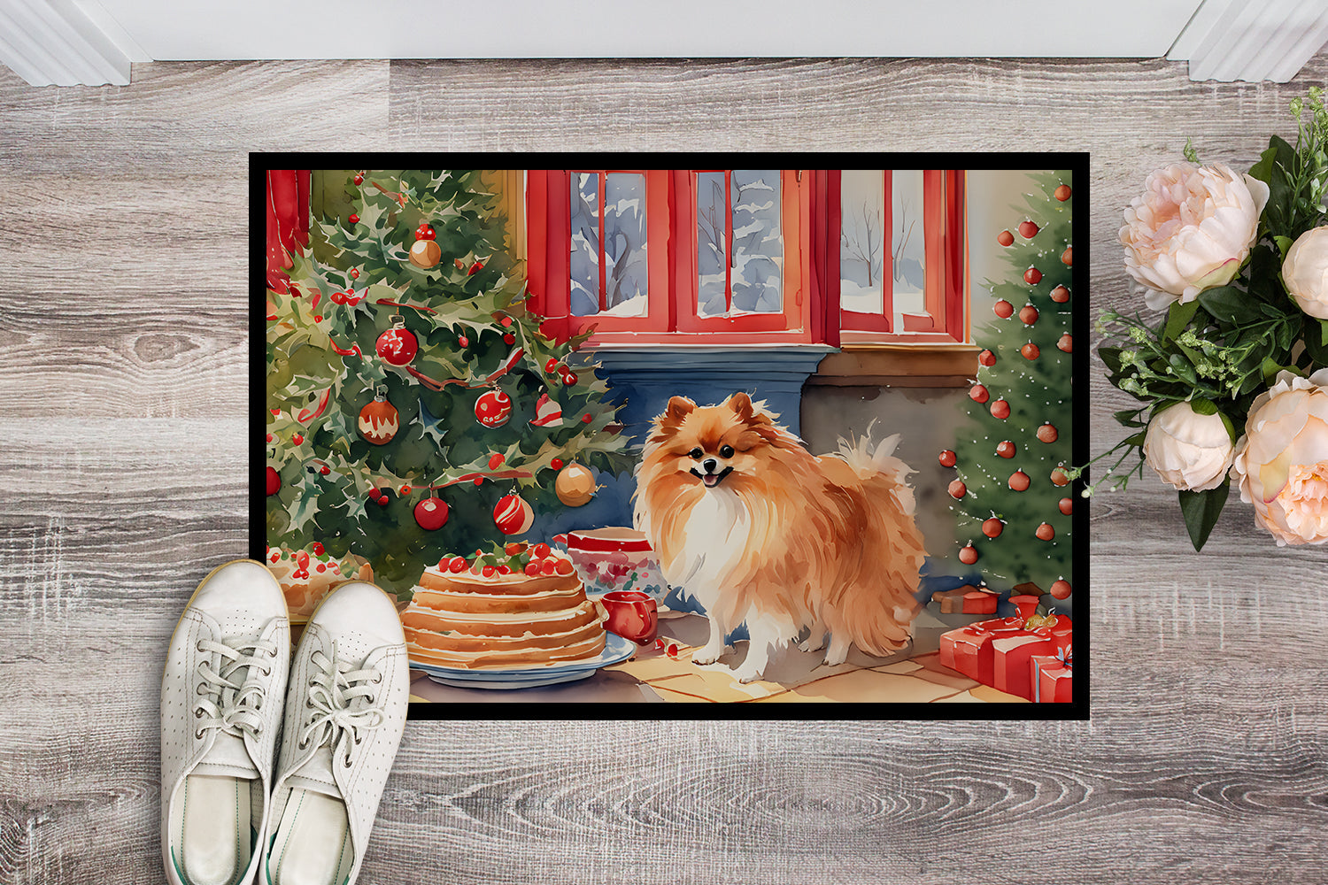 Pomeranian Christmas Cookies Doormat Indoor Outdoor 24H X 36W Front Door Mat Rugs for Entryway, Non Slip Washable Low Pile,