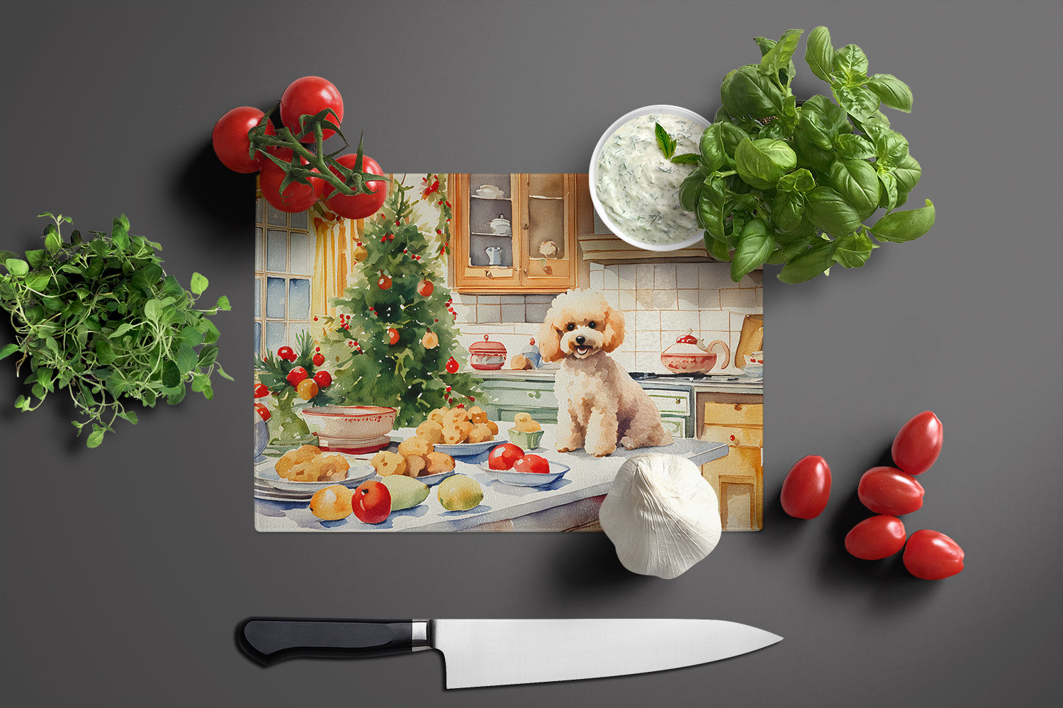 Poodle Christmas Cookies Cutting Board Tempered Glass Kitchen Cutting Surface, Heat Resistant Chopping, Non-Slip Feet, Food Prep & Serving
