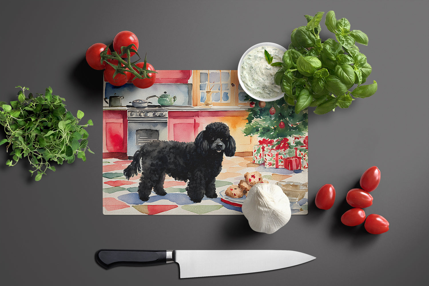 Poodle Christmas Cookies Cutting Board Tempered Glass Kitchen Cutting Surface, Heat Resistant Chopping, Non-Slip Feet, Food Prep & Serving