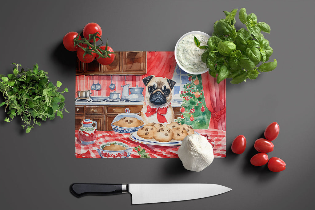 Pug Christmas Cookies Cutting Board Tempered Glass Kitchen Cutting Surface, Heat Resistant Chopping, Non-Slip Feet, Food Prep & Serving