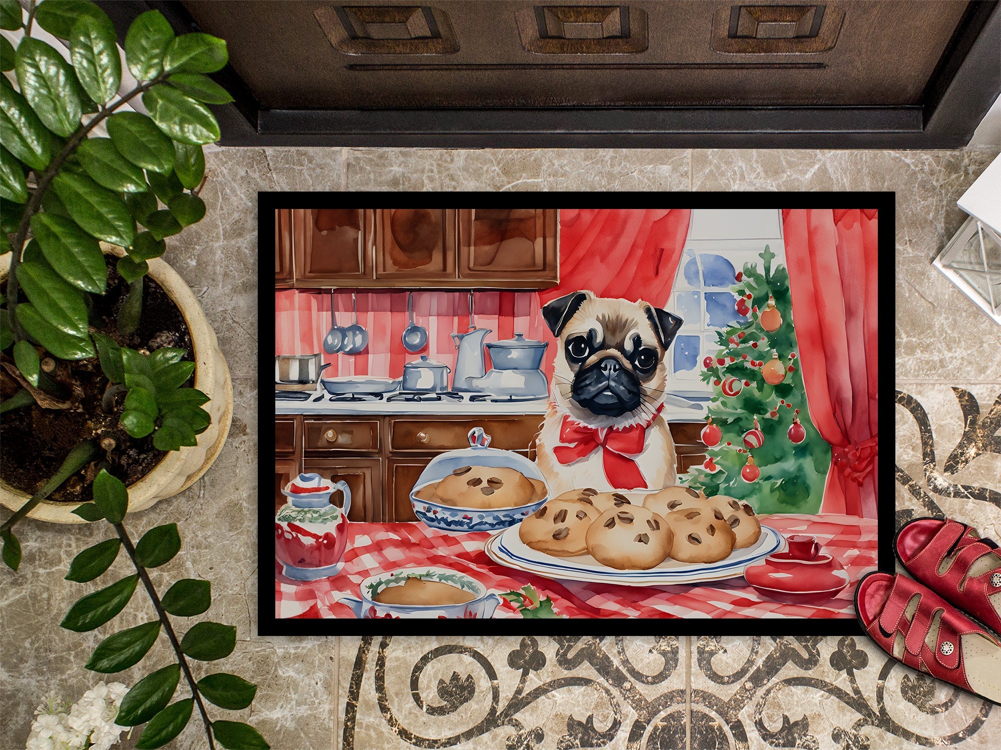 Pug Christmas Cookies Doormat Indoor Outdoor 18H X 27W Front Door Mat Rugs for Entryway, Non Slip Washable