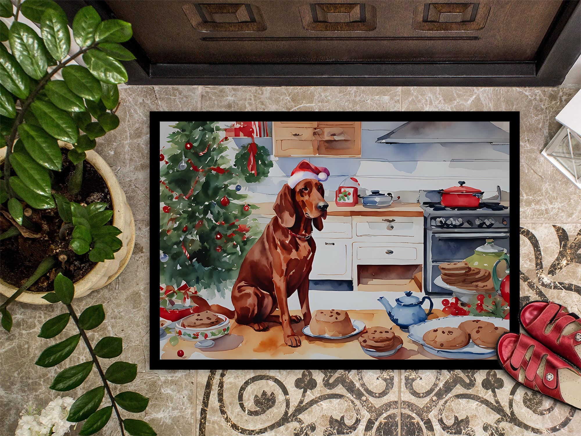 Redbone Coonhound Christmas Cookies Doormat Indoor Outdoor 24H X 36W Front Door Mat Rugs for Entryway, Non Slip Washable Low Pile,