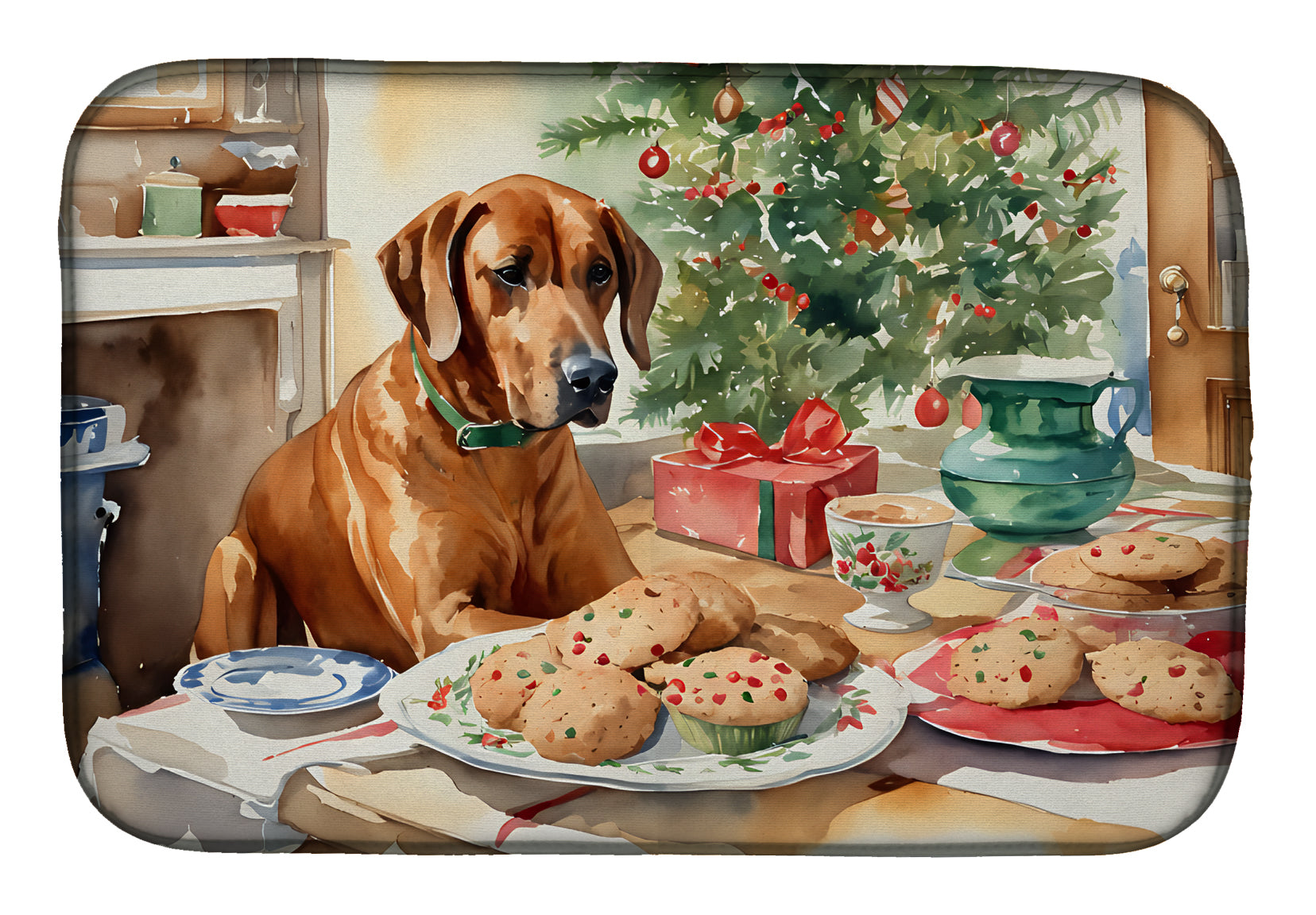 Rhodesian Ridgeback Christmas Cookies Dish Drying Mat Absorbent Dish Drying Mat Pad for Kitchen Counter Dish Drainer Mat for Countertop, 14 x 21", Multicolor