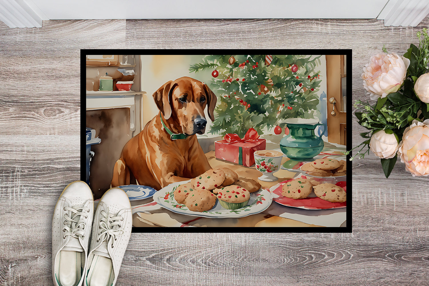 Rhodesian Ridgeback Christmas Cookies Doormat Indoor Outdoor 18H X 27W Front Door Mat Rugs for Entryway, Non Slip Washable