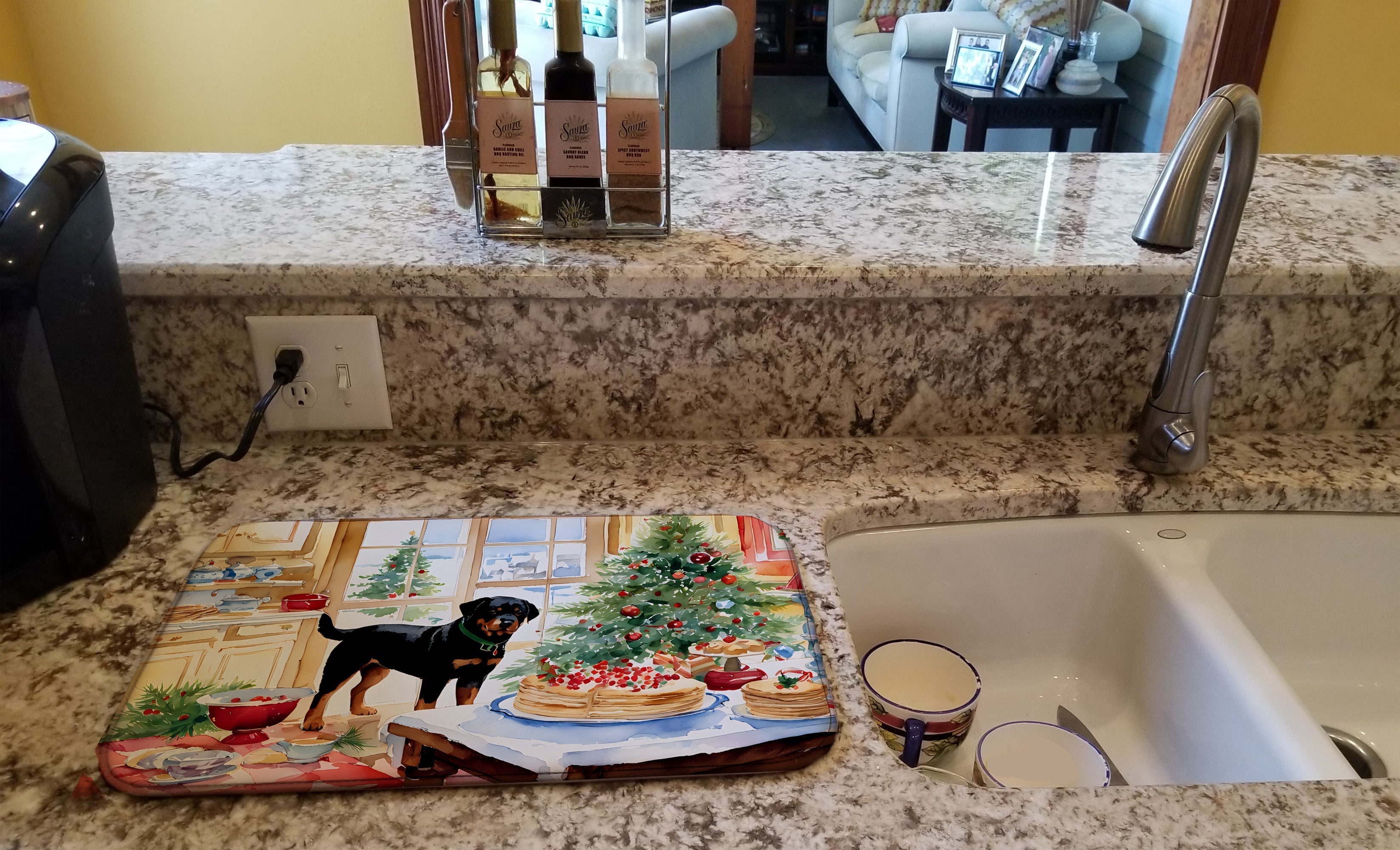 Rottweiler Christmas Cookies Dish Drying Mat Absorbent Dish Drying Mat Pad for Kitchen Counter Dish Drainer Mat for Countertop, 14 x 21", Multicolor