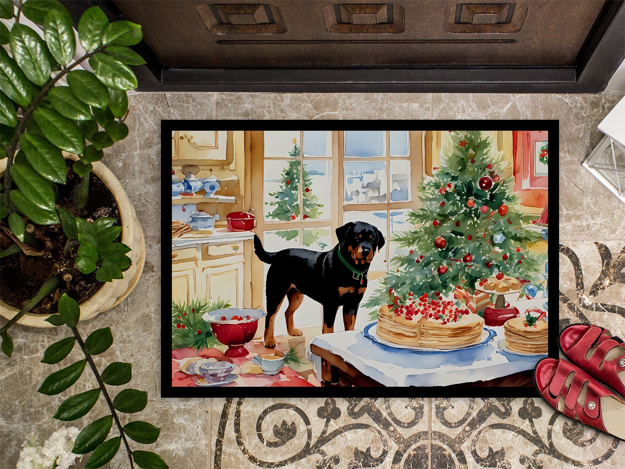 Rottweiler Christmas Cookies Doormat Indoor Outdoor 24H X 36W Front Door Mat Rugs for Entryway, Non Slip Washable Low Pile,