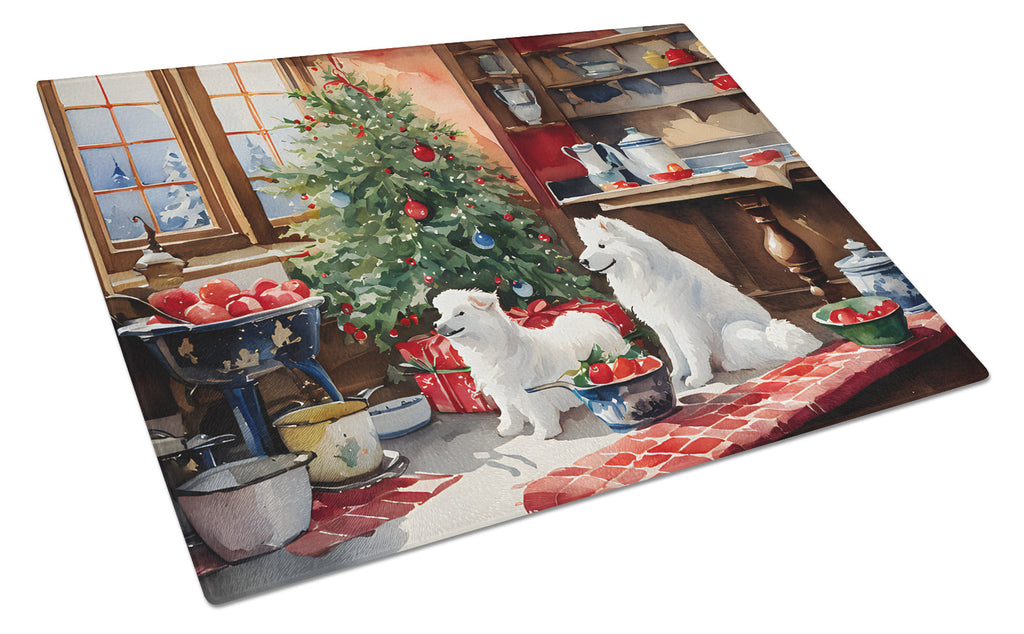 Samoyed Christmas Cookies Cutting Board Tempered Glass Kitchen Cutting Surface, Heat Resistant Chopping, Non-Slip Feet, Food Prep & Serving