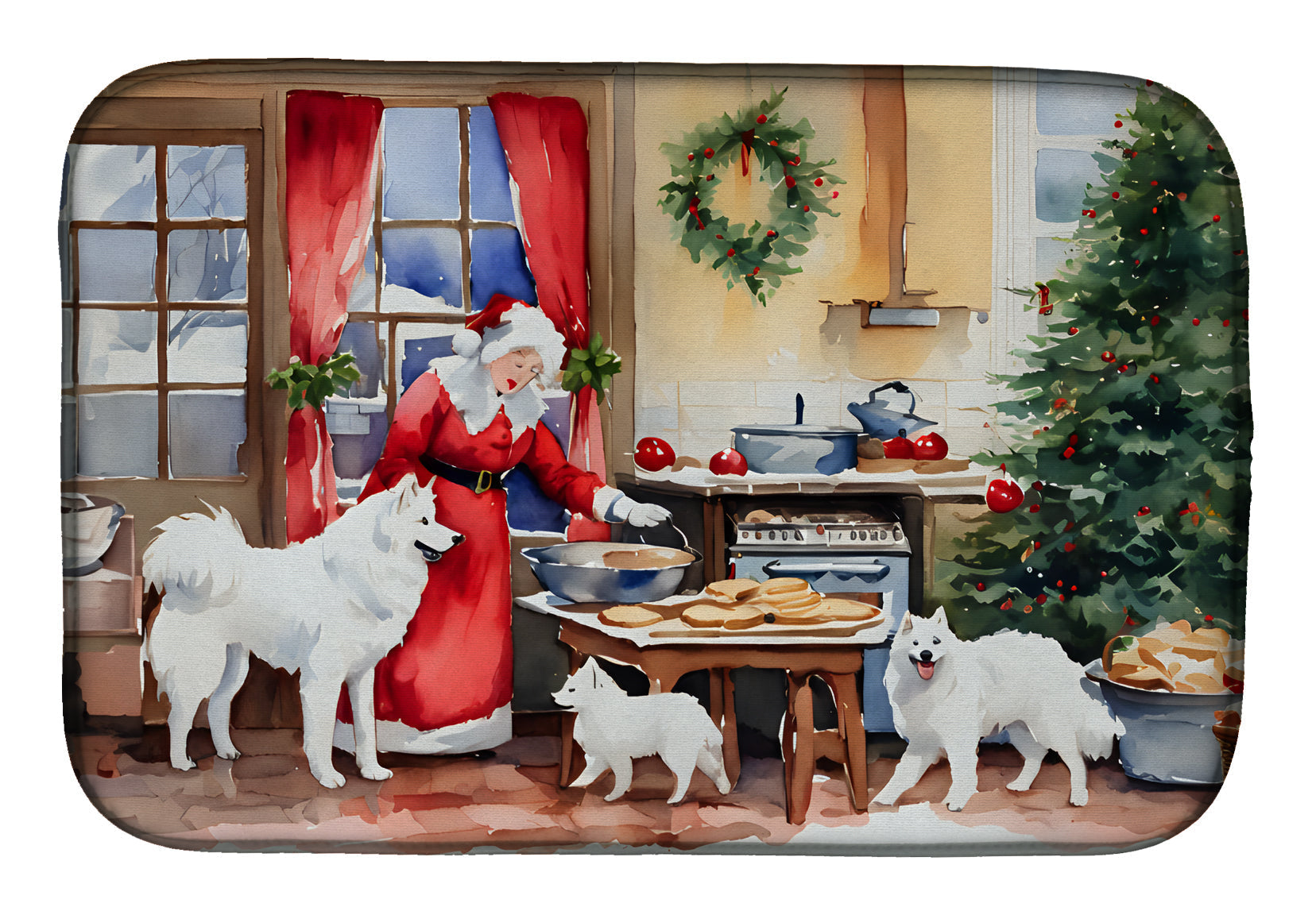 Samoyed Christmas Cookies Dish Drying Mat Absorbent Dish Drying Mat Pad for Kitchen Counter Dish Drainer Mat for Countertop, 14 x 21", Multicolor