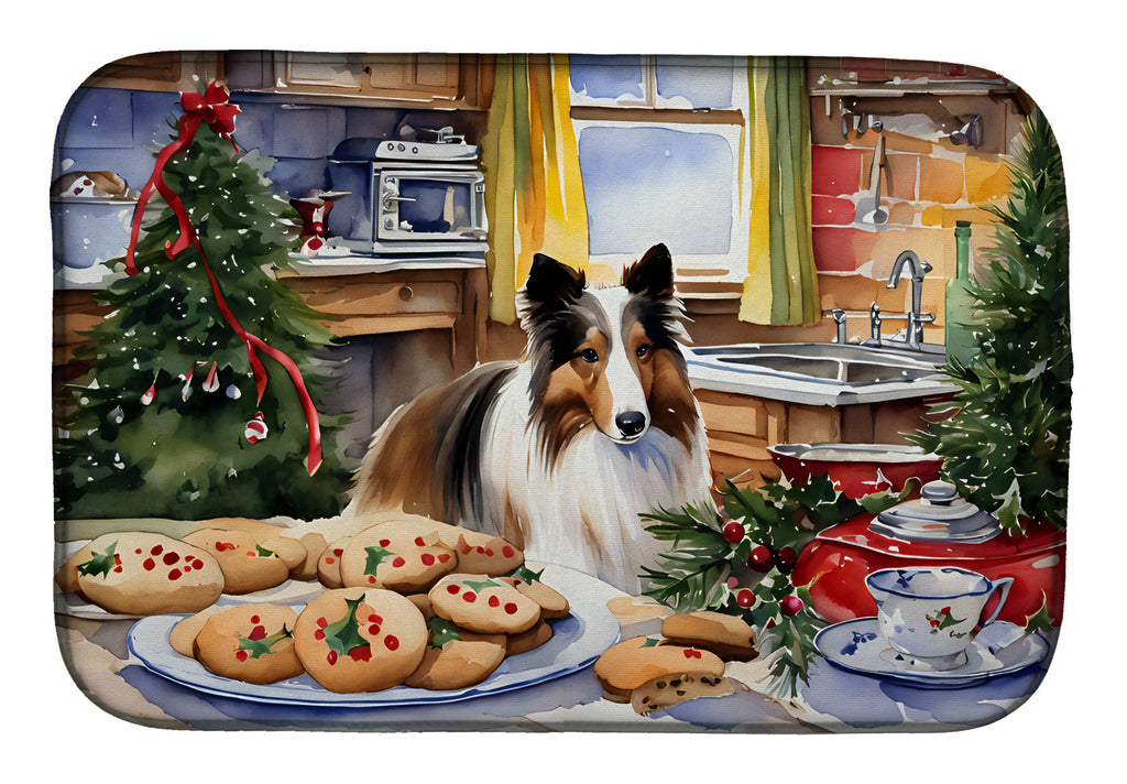 Sheltie Christmas Cookies Dish Drying Mat Absorbent Dish Drying Mat Pad for Kitchen Counter Dish Drainer Mat for Countertop, 14 x 21", Multicolor