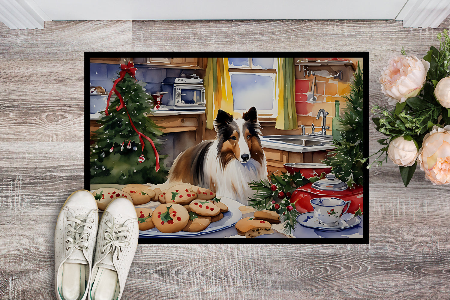 Sheltie Christmas Cookies Doormat Indoor Outdoor 24H X 36W Front Door Mat Rugs for Entryway, Non Slip Washable Low Pile,