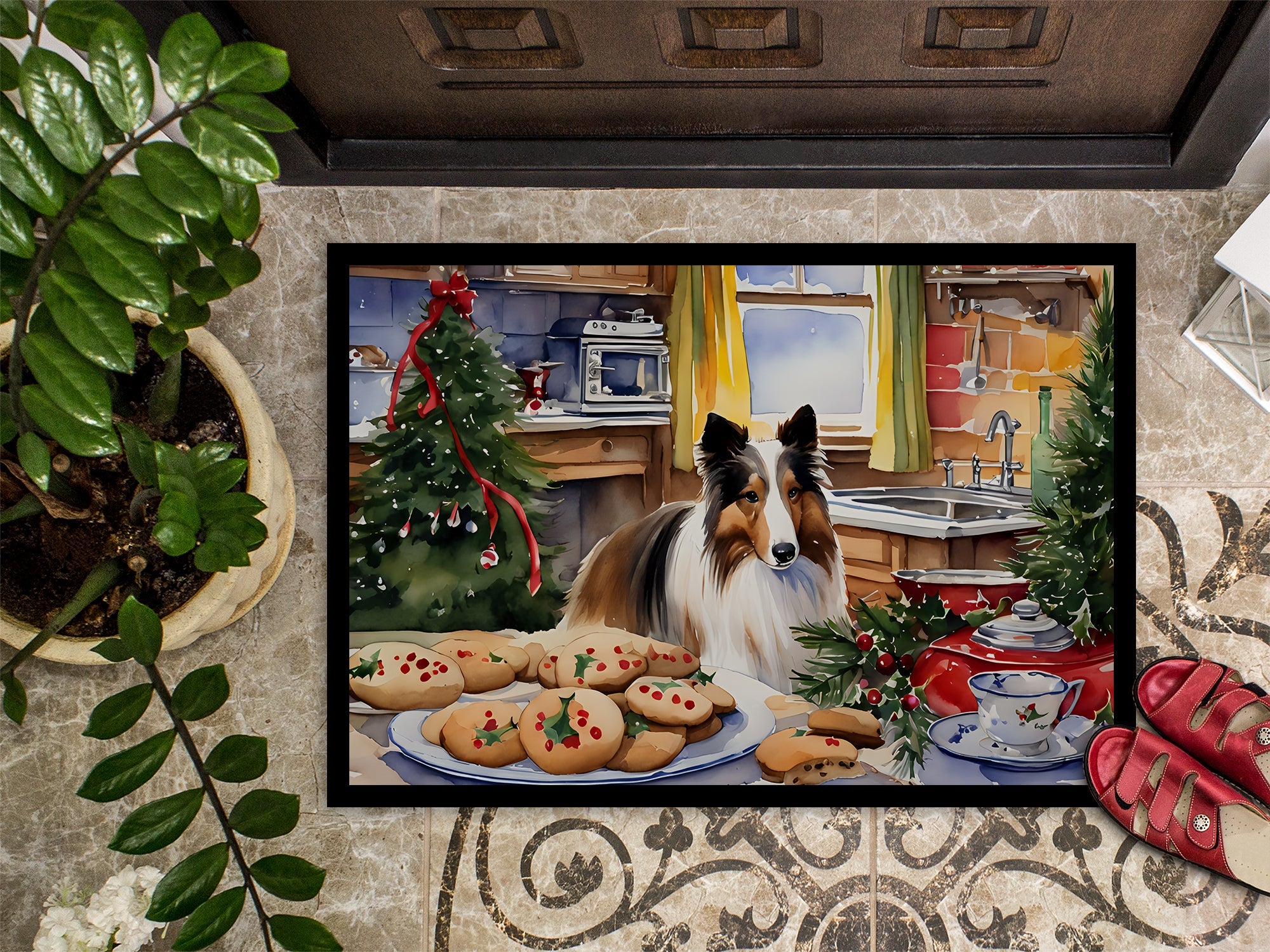 Sheltie Christmas Cookies Doormat Indoor Outdoor 24H X 36W Front Door Mat Rugs for Entryway, Non Slip Washable Low Pile,