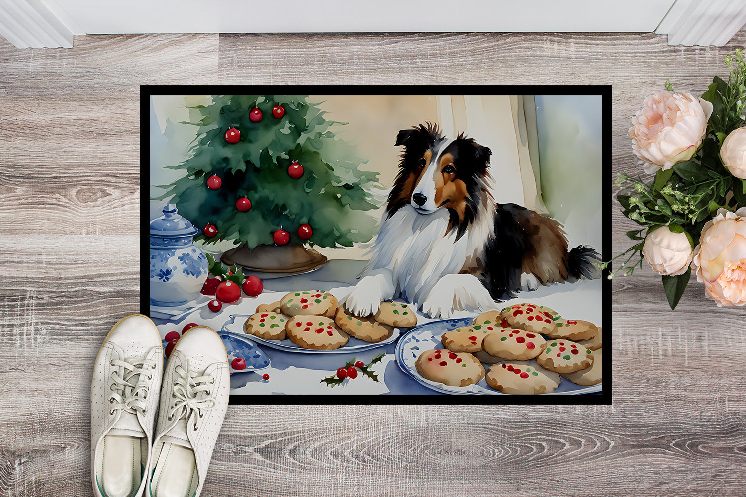 Sheltie Christmas Cookies Doormat Indoor Outdoor 18H X 27W Front Door Mat Rugs for Entryway, Non Slip Washable