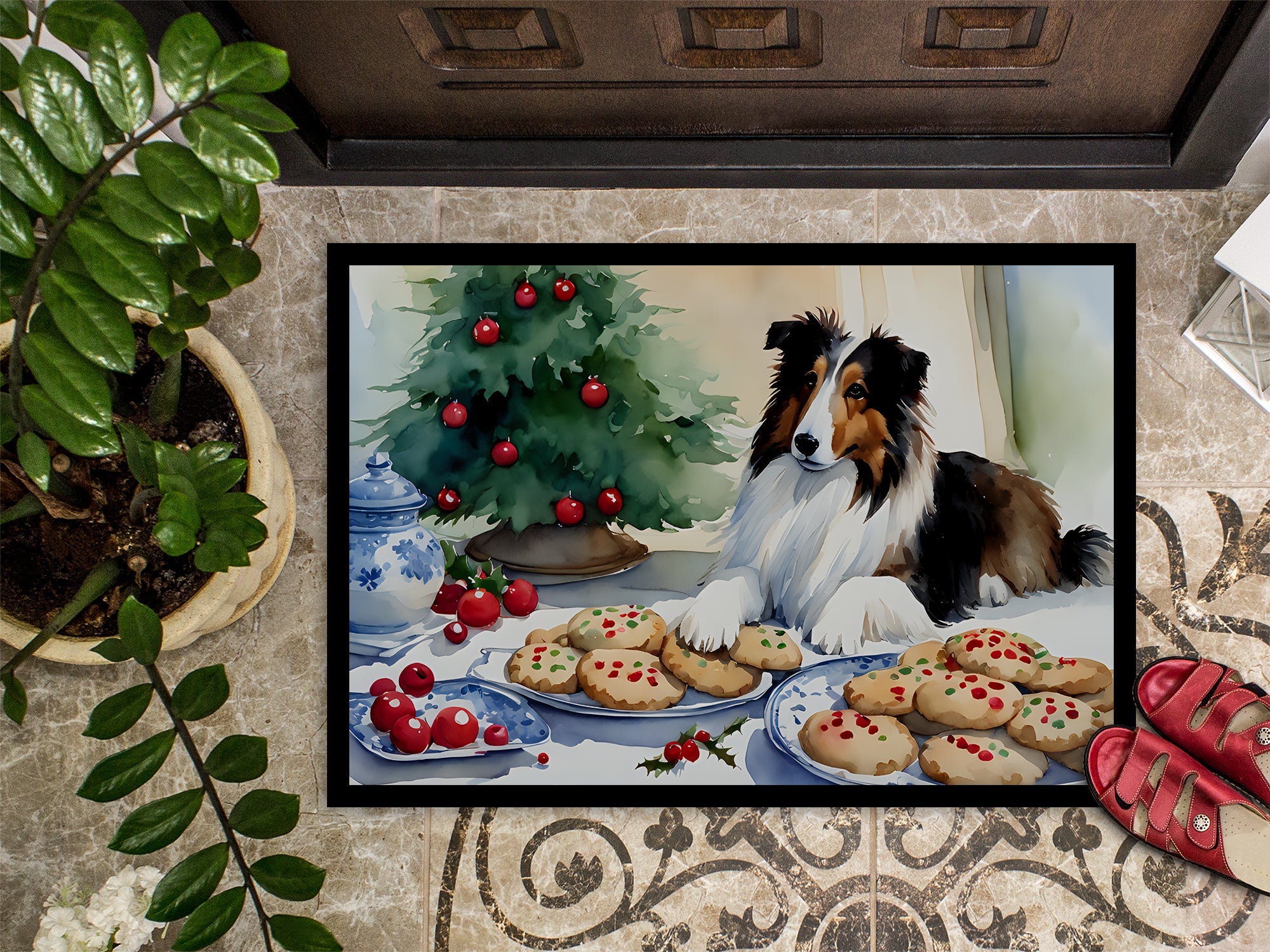 Sheltie Christmas Cookies Doormat Indoor Outdoor 18H X 27W Front Door Mat Rugs for Entryway, Non Slip Washable