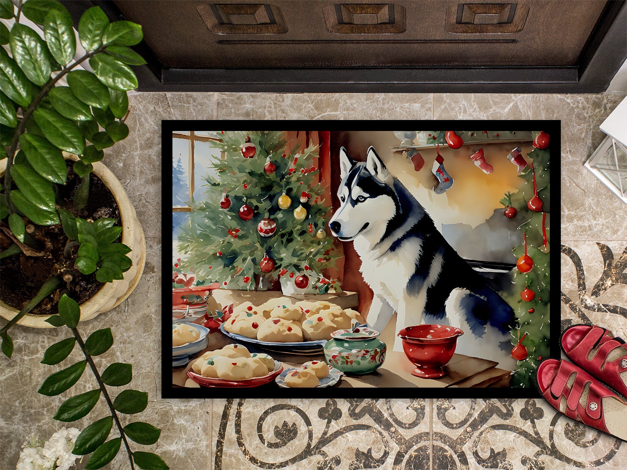 Siberian Husky Christmas Cookies Doormat Indoor Outdoor 24H X 36W Front Door Mat Rugs for Entryway, Non Slip Washable Low Pile,