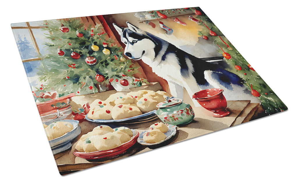 Siberian Husky Christmas Cookies Cutting Board Tempered Glass Kitchen Cutting Surface, Heat Resistant Chopping, Non-Slip Feet, Food Prep & Serving