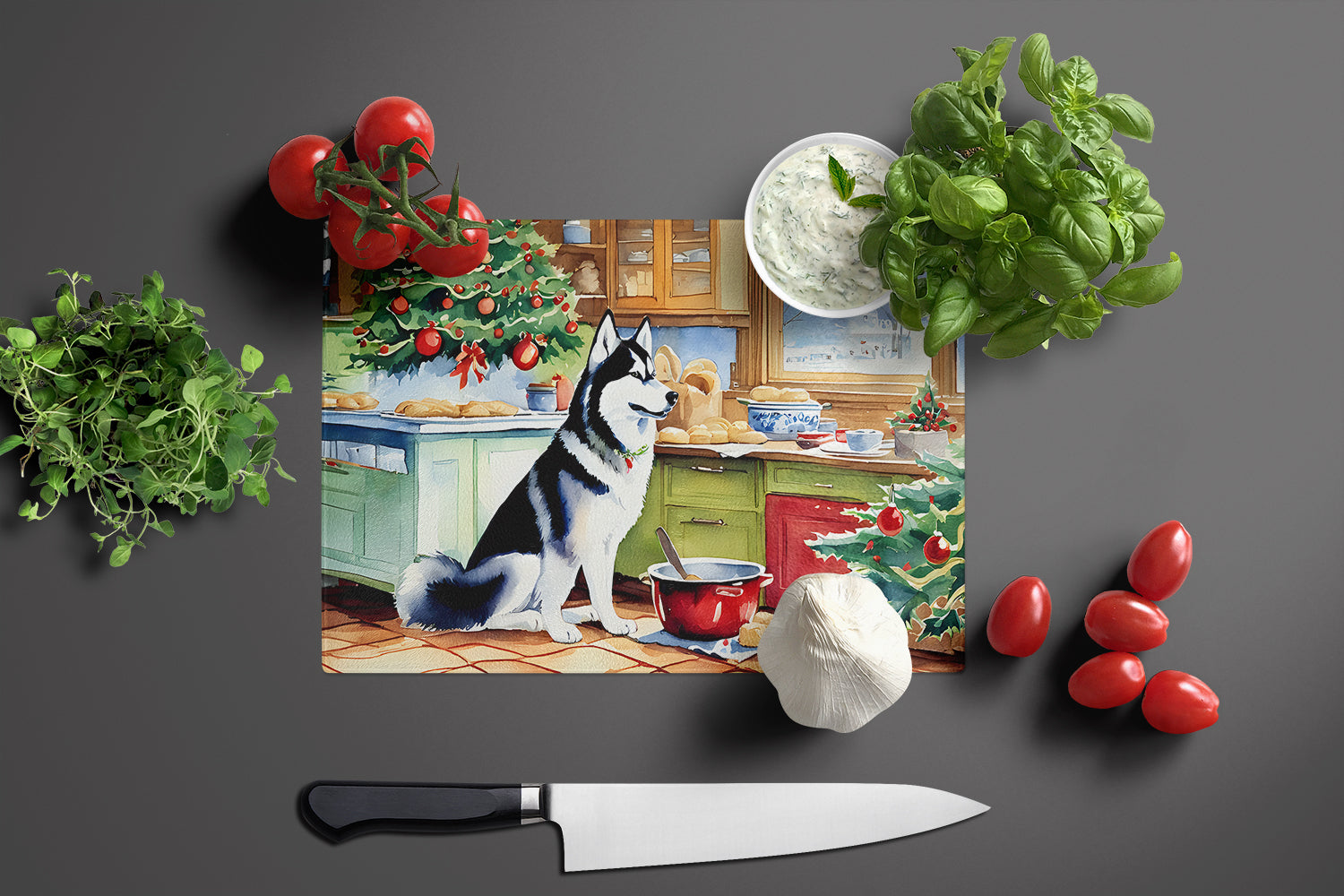 Siberian Husky Christmas Cookies Cutting Board Tempered Glass Kitchen Cutting Surface, Heat Resistant Chopping, Non-Slip Feet, Food Prep & Serving