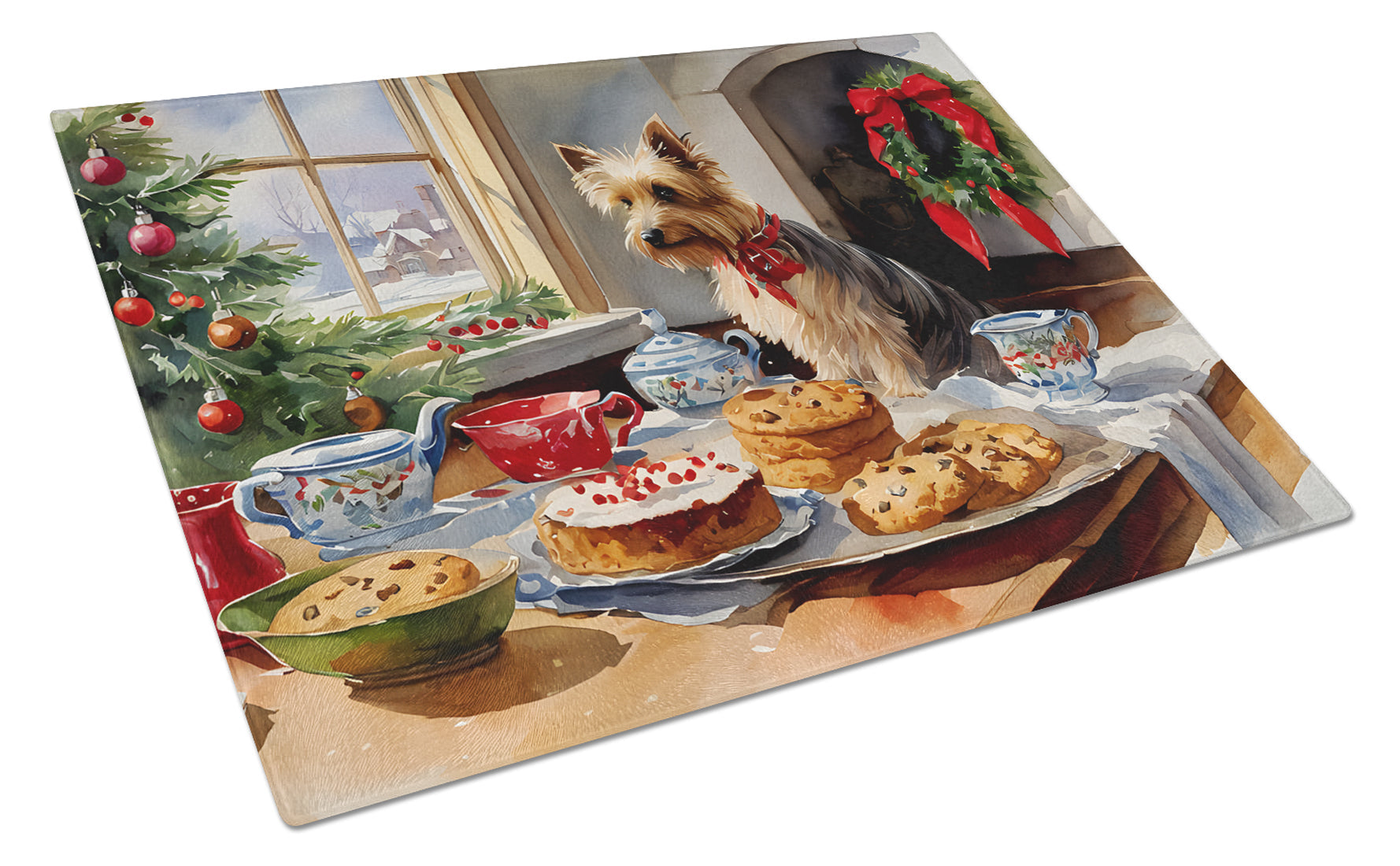 Silky Terrier Christmas Cookies Cutting Board Tempered Glass Kitchen Cutting Surface, Heat Resistant Chopping, Non-Slip Feet, Food Prep & Serving