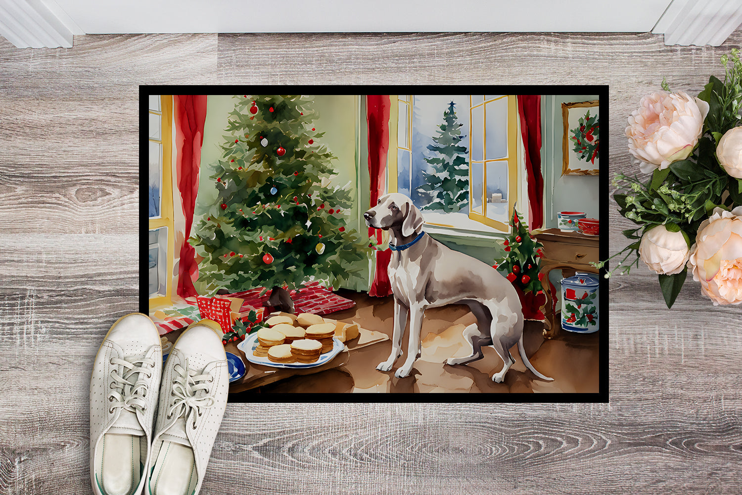 Weimaraner Christmas Cookies Doormat Indoor Outdoor 18H X 27W Front Door Mat Rugs for Entryway, Non Slip Washable