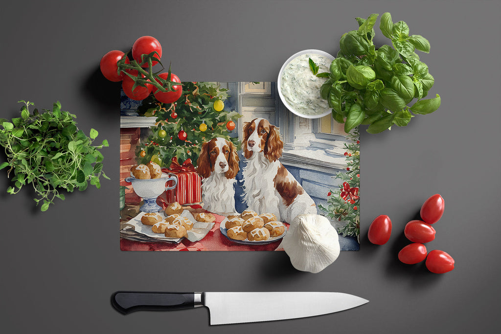 Welsh Springer Spaniel Christmas Cookies Cutting Board Tempered Glass Kitchen Cutting Surface, Heat Resistant Chopping, Non-Slip Feet, Food Prep & Serving