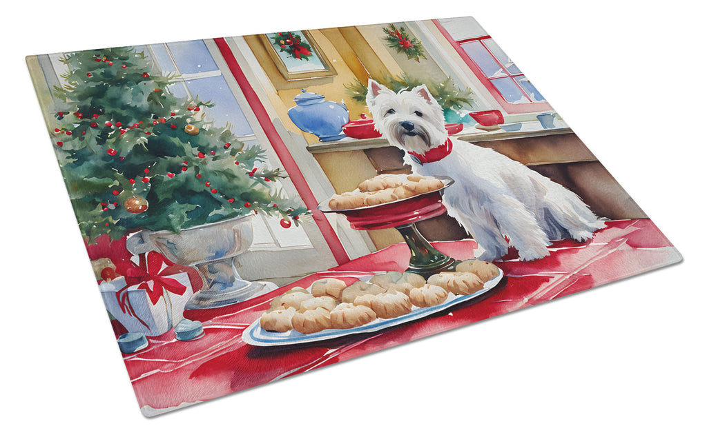Westie Christmas Cookies Cutting Board Tempered Glass Kitchen Cutting Surface, Heat Resistant Chopping, Non-Slip Feet, Food Prep & Serving