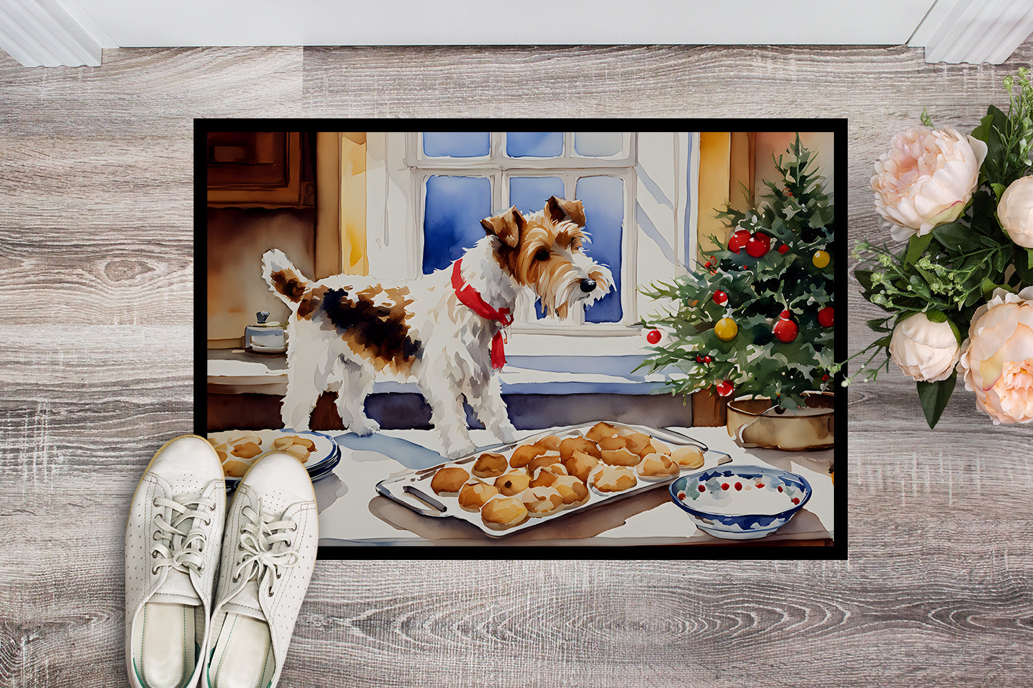 Wire Fox Terrier Christmas Cookies Doormat Indoor Outdoor 18H X 27W Front Door Mat Rugs for Entryway, Non Slip Washable