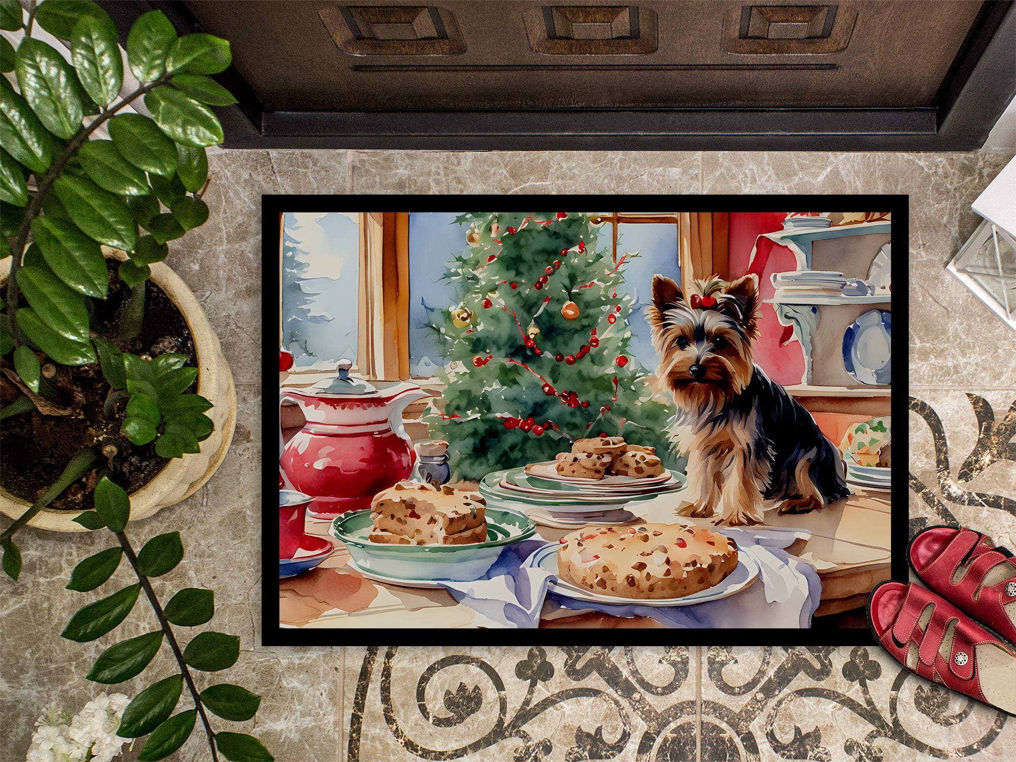 Yorkshire Terrier Yorkie Christmas Cookies Doormat Indoor Outdoor 24H X 36W Front Door Mat Rugs for Entryway, Non Slip Washable Low Pile,