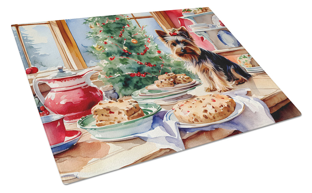 Yorkshire Terrier Yorkie Christmas Cookies Cutting Board Tempered Glass Kitchen Cutting Surface, Heat Resistant Chopping, Non-Slip Feet, Food Prep & Serving