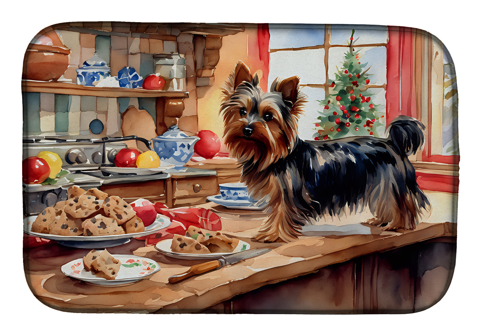 Yorkshire Terrier Yorkie Christmas Cookies Dish Drying Mat Absorbent Dish Drying Mat Pad for Kitchen Counter Dish Drainer Mat for Countertop, 14 x 21", Multicolor