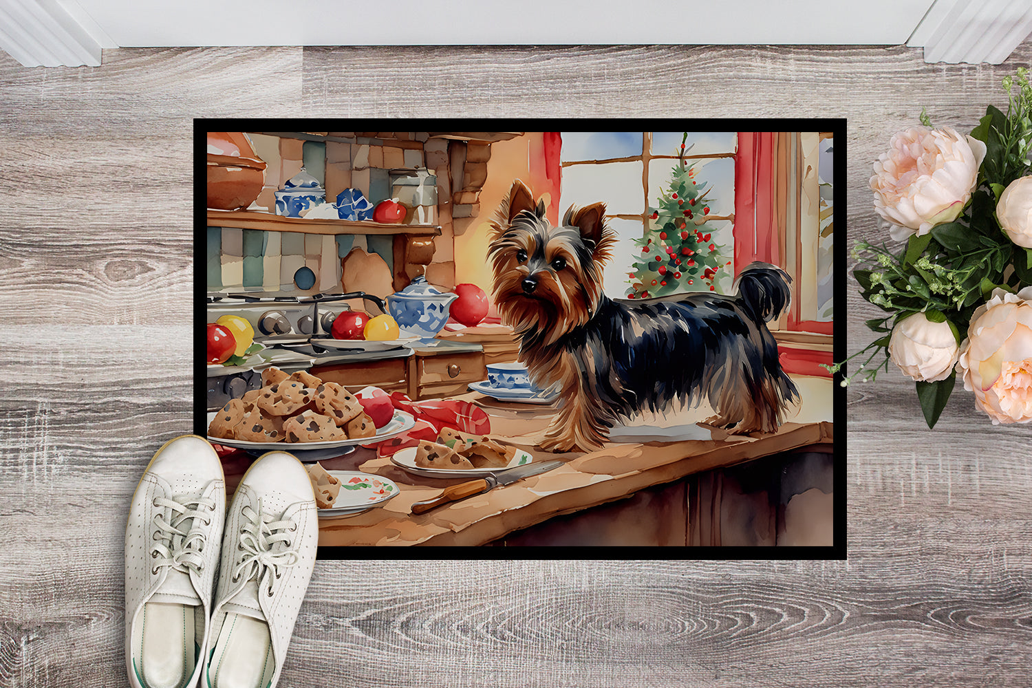Yorkshire Terrier Yorkie Christmas Cookies Doormat Indoor Outdoor 18H X 27W Front Door Mat Rugs for Entryway, Non Slip Washable