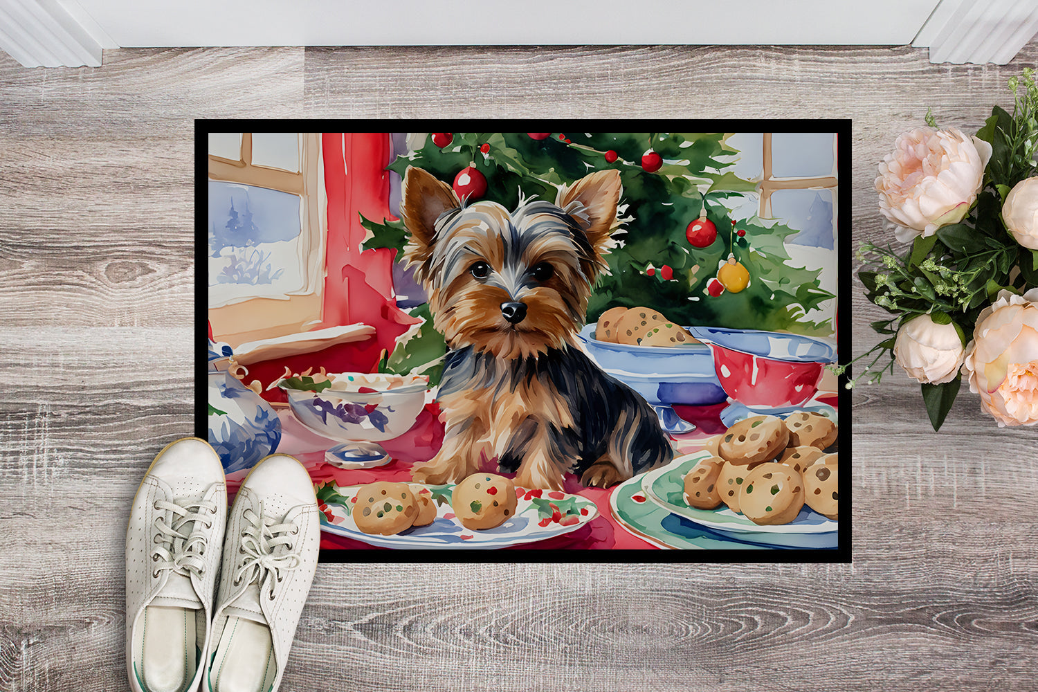 Yorkshire Terrier Yorkie Christmas Cookies Doormat Indoor Outdoor 24H X 36W Front Door Mat Rugs for Entryway, Non Slip Washable Low Pile,