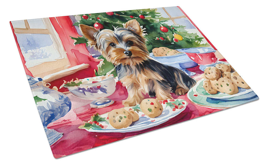 Yorkshire Terrier Yorkie Christmas Cookies Cutting Board Tempered Glass Kitchen Cutting Surface, Heat Resistant Chopping, Non-Slip Feet, Food Prep & Serving