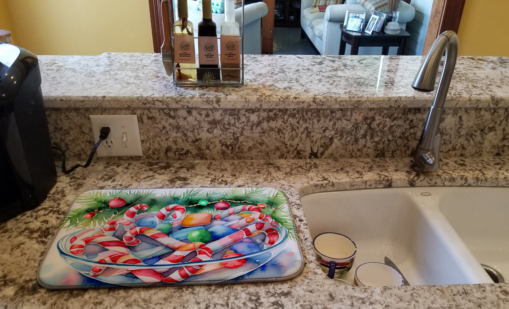 Candy Cane Bowl Christmas Watercolor Dish Drying Mat Absorbent Dish Drying Mat Pad for Kitchen Counter Dish Drainer Mat for Countertop, 14 x 21", Multicolor