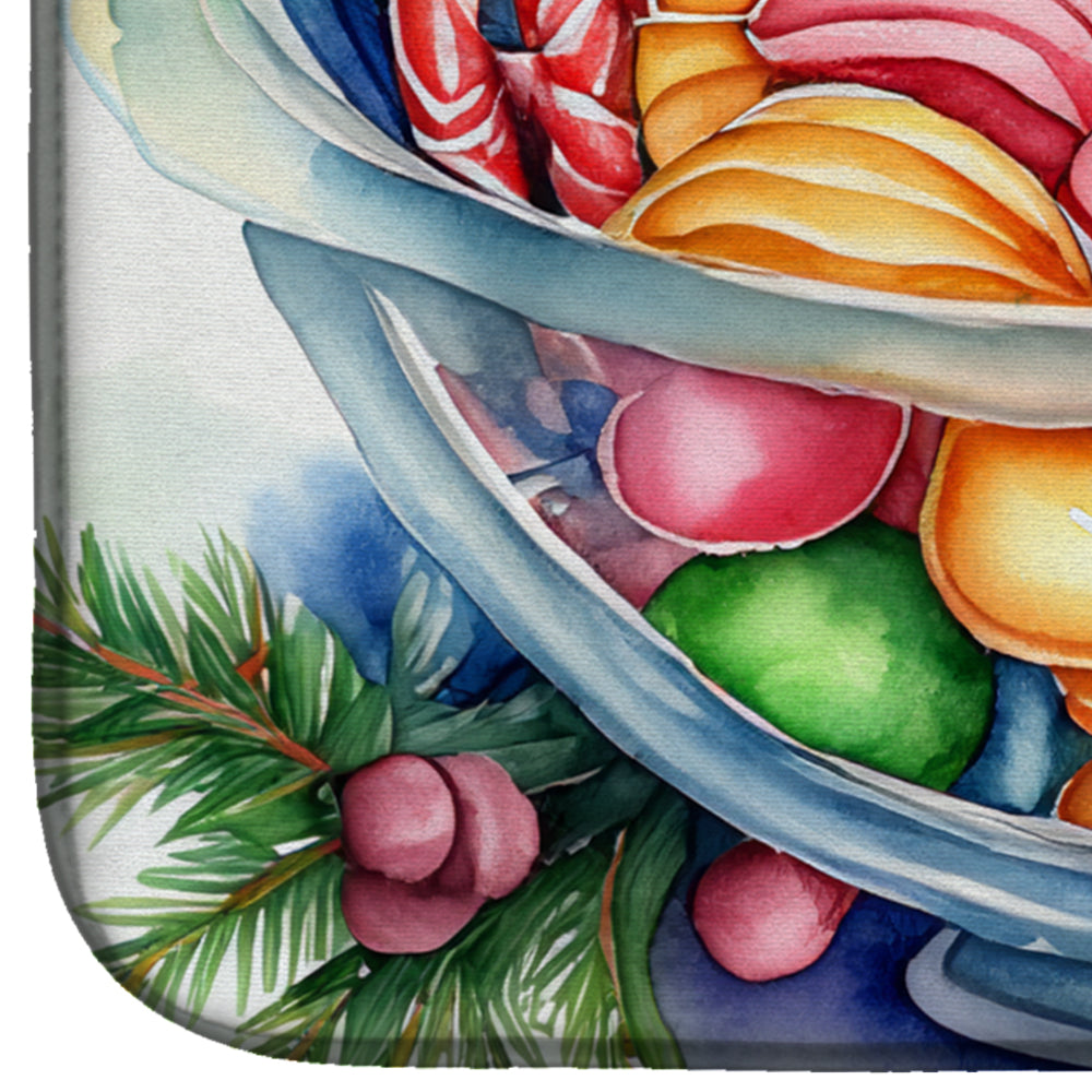 Holiday Candy Cane Bowl with Pine Watercolor Dish Drying Mat Absorbent Dish Drying Mat Pad for Kitchen Counter Dish Drainer Mat for Countertop, 14 x 21", Multicolor