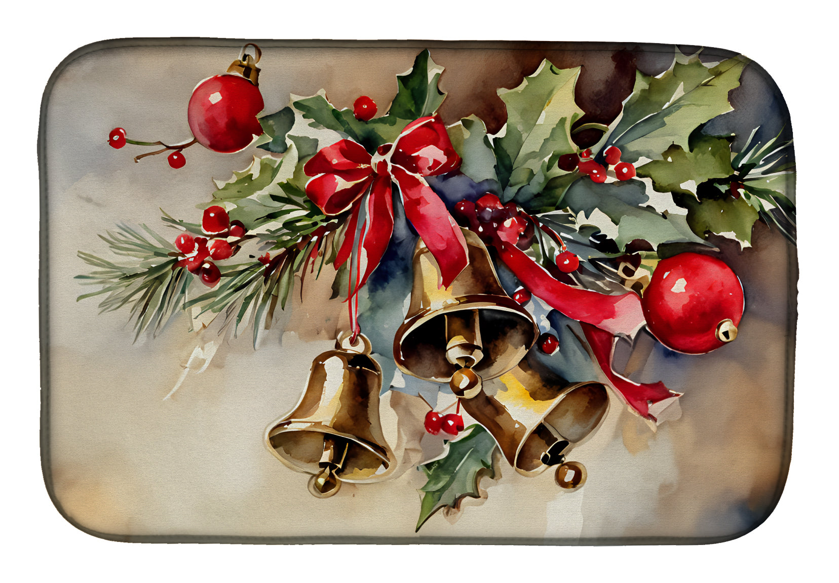 Christmas Bells with Holly and Ribbon Watercolor Dish Drying Mat Absorbent Dish Drying Mat Pad for Kitchen Counter Dish Drainer Mat for Countertop, 14 x 21", Multicolor
