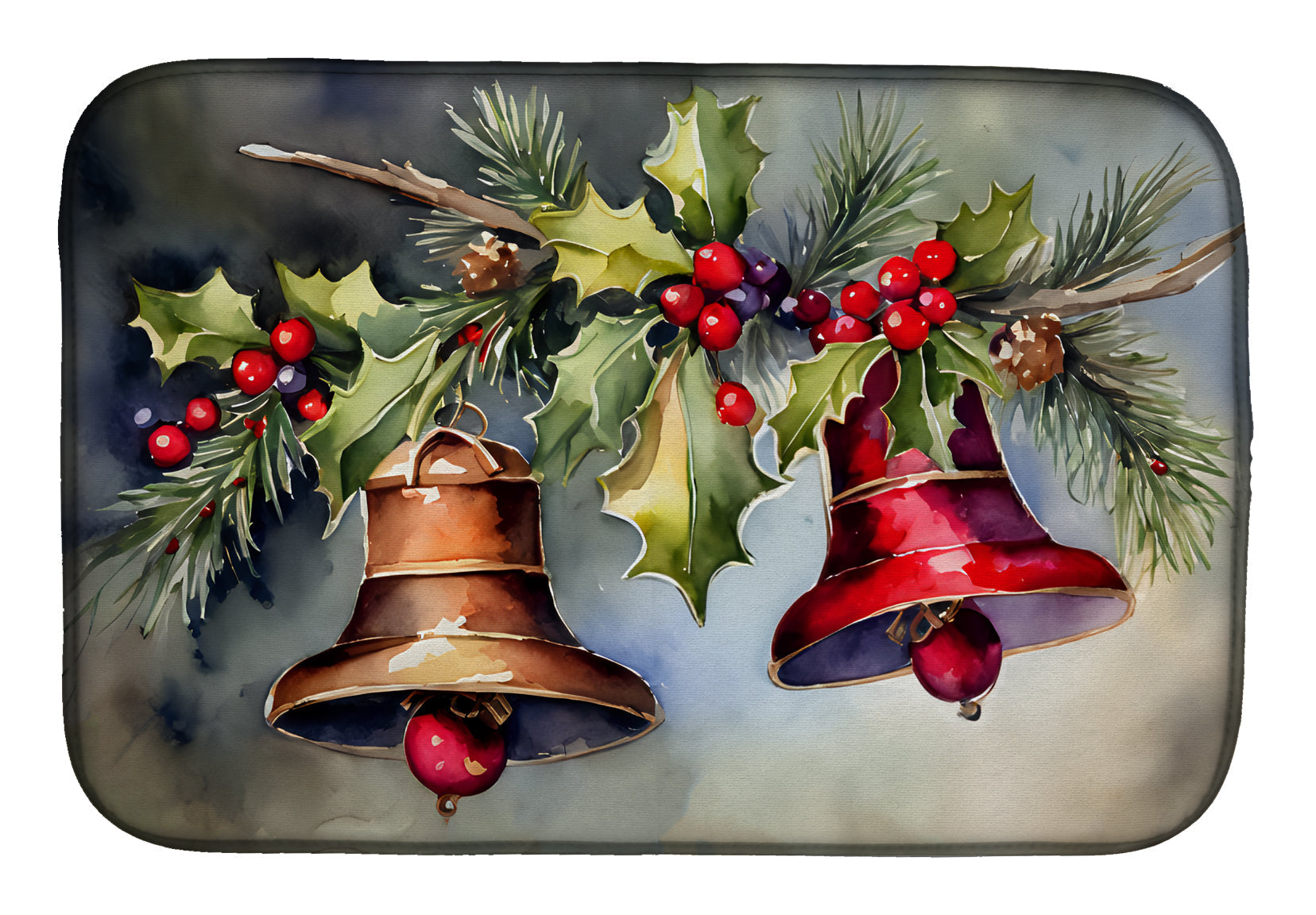 Holiday Bells with Pine and Berries Watercolor Dish Drying Mat Absorbent Dish Drying Mat Pad for Kitchen Counter Dish Drainer Mat for Countertop, 14 x 21", Multicolor