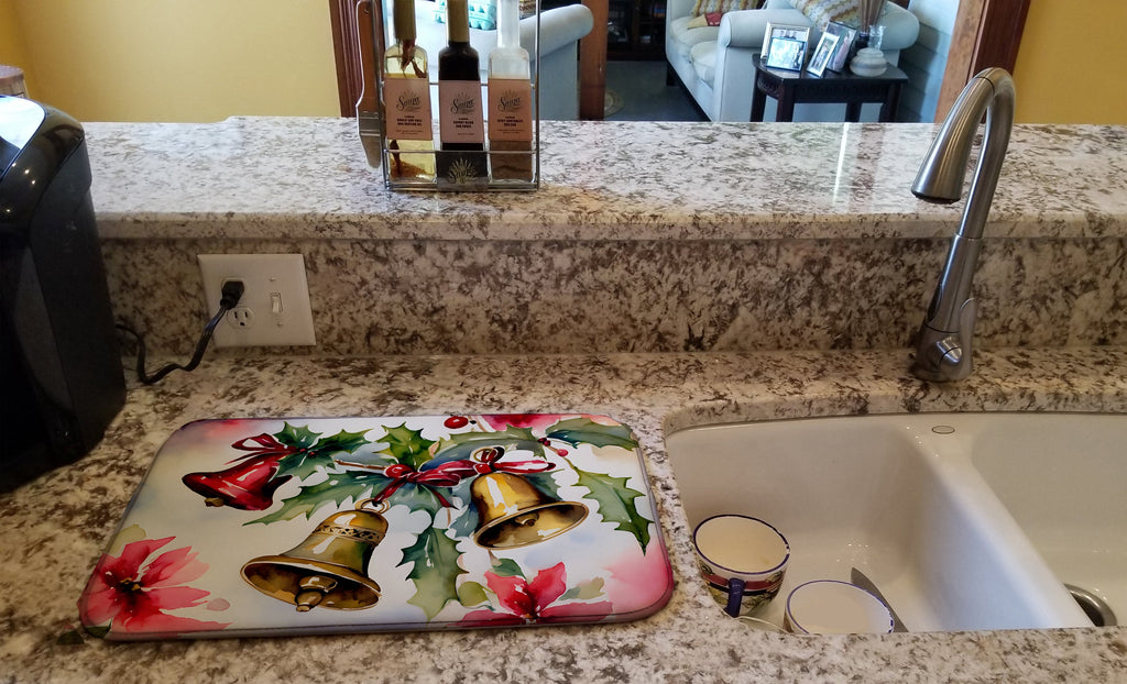 Christmas Bells with Holly Festive Watercolor Dish Drying Mat Absorbent Dish Drying Mat Pad for Kitchen Counter Dish Drainer Mat for Countertop, 14 x 21", Multicolor